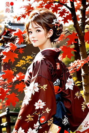 score_9,score_8_up, masterpiece, in the style of a hanafuda deck, a lovely Japanese girl (short cute brown hairdo, soft smile, dimples, kimono, elegant, wondrous expression)  walking under bright-red maple leaves), (Japanese Hanafuda design background).