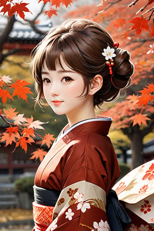 score_9,score_8_up, masterpiece, in the style of a hanafuda deck, a lovely Japanese girl (short cute brown hairdo, soft smile, dimples, kimono, elegant, wondrous expression)  walking under bright-red maple leaves), (Japanese Hanafuda design background).