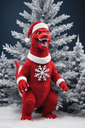 Extreme detailed Godzilla, ((full body:1.3)), Godzilla, large CROWs, Futuristic Beam weapon, symmetry design, Monster, exoskeleton Godzilla, golden eyes, ((santa claus red costume)), ((sant hat)), Midnight, (((christmas decorations:1.9))), (snow flakes falling:1.9), ((from below:1.7)), ((from side:1.9)), ((christmas decoration tree:1.9)), ((Smile))