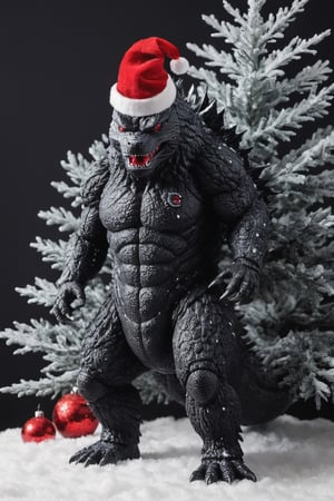Extreme detailed Godzilla, ((full body:1.3)),  Godzilla, large CROWs, Futuristic Beam weapon, symmetry design , Monster, exoskeleton Godzilla, ((santa claus red costume)), ((sant hat)), Midnight, (((christmas decorations:1.9))), (snow flakes falling:1.9), ((from below:1.9)), ((from side:1.8)), ((christmas decoration tree:1.9))
