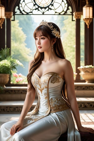 (full body:1.9), A majestic goddess blooms in a lavish palace setting. She sits serene, her long chestnut hair framing her face with high bangs. Her eyes, radiant with light brown hues and highlights in the pupils, gaze upward as her chin subtly tilts towards the sky. Plump cheeks and lips curve into a gentle smile, illuminating her small, exquisite features. Delicate Dutch-inspired brushstrokes bring her physiologically correct body to life, set against an out-of-focus background with shallow depth of field. The 350mm telephoto lens captures every detail in stunning 8K resolution, with noise removed for unparalleled realism. Her skin glows with a subtle shine, as if kissed by the divine. Unreal Engine's precision rendering brings this digital masterpiece to life, showcasing her enchanting beauty.