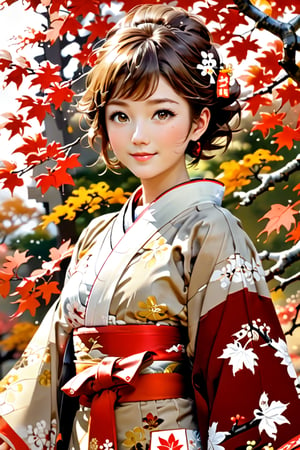 score_9,score_8_up, masterpiece, in the style of a hanafuda deck, a lovely Japanese girl (short cute brown hairdo, soft smile, dimples, kimono, elegant, wondrous expression)  walking under bright-red maple leaves), (Japanese Hanafuda design background).