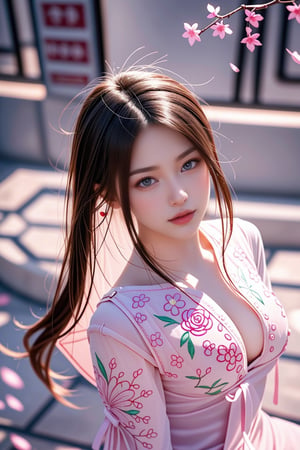 Taiwanese beauty, 28 years old, fashionable and sexy, with red lips and long hair, smile, (from above:1.1), (Bust shot:1.9), baby doll with pink transparent cherry blossom embroidery,,<lora:659111690174031528:1.0>