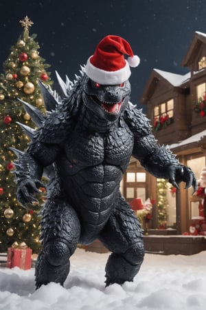 Extreme detailed Godzilla, ((full body:1.3)),  Godzilla, large CROWs, Futuristic Beam weapon, symmetry design , Monster, exoskeleton Godzilla, ((santa claus red costume)), ((sant hat)), Midnight, (((christmas decorations:1.9))), (snow flakes falling:1.9), ((from below:1.9)), ((from side:1.8)), ((christmas decoration tree:1.9)), smile