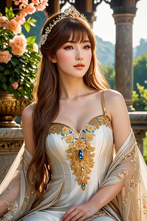 ((full body:1.9)), A majestic goddess blooms in a lavish palace setting. She sits serene, her long chestnut hair framing her face with high bangs. Her eyes, radiant with light brown hues and highlights in the pupils, gaze upward as her chin subtly tilts towards the sky. Plump cheeks and lips curve into a gentle smile, illuminating her small, exquisite features. Delicate Dutch-inspired brushstrokes bring her physiologically correct body to life, set against an out-of-focus background with shallow depth of field. The 350mm telephoto lens captures every detail in stunning 8K resolution, with noise removed for unparalleled realism. Her skin glows with a subtle shine, as if kissed by the divine. Unreal Engine's precision rendering brings this digital masterpiece to life, showcasing her enchanting beauty.