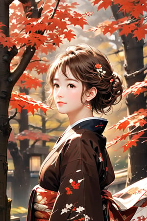 score_9,score_8_up, masterpiece, in the style of a hanafuda deck, a lovely Japanese girl (short cute brown hairdo, soft smile, dimples, kimono, elegant, wondrous expression)  walking under bright-red maple leaves), (Japanese Hanafuda design background).