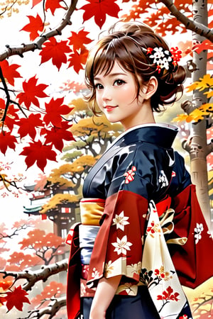 score_9,score_8_up, masterpiece, in the style of a hanafuda deck, a lovely Japanese girl (short cute brown hairdo, soft smile, dimples, kimono, elegant, wondrous expression)  walking under bright-red maple leaves), (Japanese Hanafuda design background).