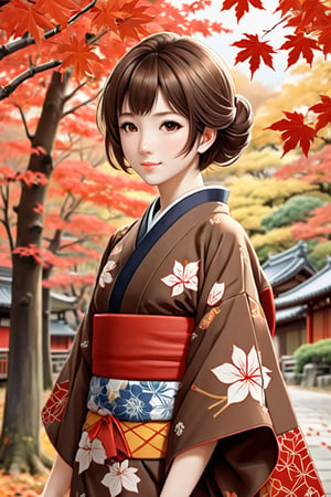 score_9,score_8_up, masterpiece, in the style of a hanafuda deck, a lovely Japanese girl (short cute brown hairdo, soft smile, dimples, kimono, elegant, wondrous expression)  walking under bright-red maple leaves), (Japanese Hanafuda design background).