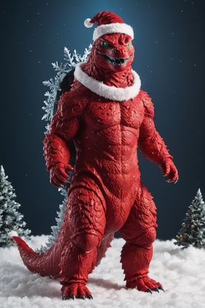 Extreme detailed Godzilla, ((full body:1.3)),  Godzilla, large CROWs, Futuristic Beam weapon, symmetry design , Monster, exoskeleton Godzilla, ((santa claus red costume)), ((sant hat)), Midnight, (((christmas decorations:1.9))), (snow flakes falling:1.9), (from below:1.9)