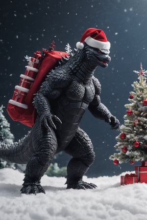 Extreme detailed Godzilla, ((full body:1.3)),  Godzilla, large CROWs, Futuristic Beam weapon, symmetry design , Monster, exoskeleton Godzilla, ((santa claus red costume)), ((sant hat)), Midnight, (((christmas decorations:1.9))), (snow flakes falling:1.9), ((from below:1.9)), ((from side:1.8)), (christmas tree:1.9)