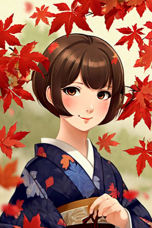 score_9,score_8_up, masterpiece, in the style of a hanafuda deck, a lovely Japanese girl (short cute brown hairdo, soft smile, dimples, kimono, elegant, wondrous expression)  walking under bright-red maple leaves), (Japanese Hanafuda design background).