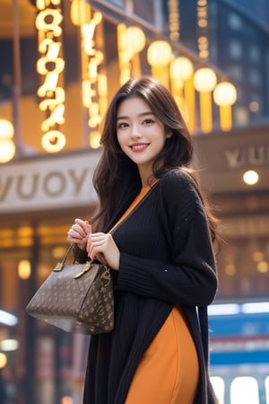 1girl, solo, long hair, black hair, orange color dress, standing, (upper body), shoes, bag, louis vuitton bag, footwear, sneakers, photo background, Perfect lips, (large bearsts:1.15), (happy smile:1.2, (from below:1.2)