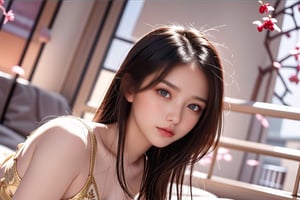Taiwanese beauty, 28 yo, fashionable and sexy, with red lips and long hair, revealing lingerie with gold transparent cherry blossom embroidery, (from below:1.1), (upper body:1.9), from side, smile, ((crawling on all fours in the bed)),<lora:659111690174031528:1.0>
