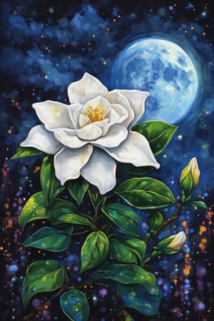 (A masterpiece), A beautiful Gardenia flower, vivid color, under a stary night sky, a vivid full moon, gothic style,dripping paint