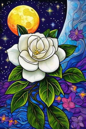 (A masterpiece), A beautiful Gardenia flower, vivid color, under a stary night sky, a vivid full moon, blacklight style.