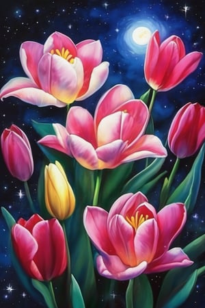 (A masterpiece),  A beautiful Gardenias flower,  tulips flower, vivid color,  under a stary night sky,  a vivid moon light