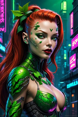 Cyberpunk artwork inspired by Poison Ivy from Batman Forever,  set in a sexy futuristic fashion cyberpunk universe. Emphasize her seductive allure,  beautiful face,  perfect eyes,  perfect nose shape,  perfect lips,  perfect hands , vibrant green foliage,  neon-lit cityscape,  and intricate cybernetic enhancements. Capture the essence of danger and allure in this cyberpunk masterpiece.,cyberpunk style,cyberpunk