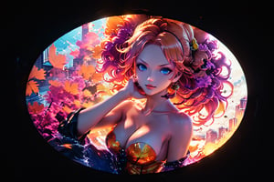 Create a mesmerizing artwork inspired by Nami from One Piece,  set in a aesthetic universe,  Emphasize her seductive allure, big boobs, beautiful face, perfect eyes, perfect nose shape, perfect lips, perfect hands ,vibrant Orange foliage, neon-lit cityscape, and intricate retro enhancements. Capture the essence of danger and allure in this aesthetic masterpiece., retro aesthetic style,detailmaster2,p3rfect boobs
