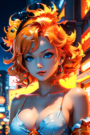 Create a mesmerizing artwork inspired by Nami from One Piece,  set in a aesthetic universe,  Emphasize her seductive allure, beautiful face, perfect eyes, perfect nose shape, perfect lips, perfect hands ,vibrant Orange foliage, neon-lit cityscape, and intricate retro enhancements. Capture the essence of danger and allure in this aesthetic masterpiece., retro aesthetic style,detailmaster2,p3rfect boobs