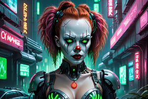 Cyberpunk artwork inspired by Pennywise from the movie IT, set in a futuristic fashion cyberpunk universe. Sexy, Emphasize her seductive allure, beautiful face, perfect eyes, perfect nose shape, perfect lips, perfect hands, vibrant green foliage, neon-lit cityscape, and intricate cybernetic enhancements. Capture the essence of danger and allure in this cyberpunk masterpiece., cyberpunk style