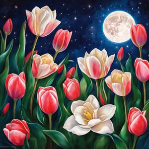 (A masterpiece),  A beautiful Gardenia flower,  tulips flower, vivid color,  under a stary night sky,  a vivid moon light