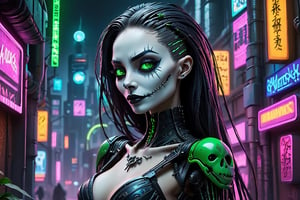 Cyberpunk artwork inspired by Jack Skellington from The Nightmare Before Christmas, set in a futuristic fashion cyberpunk universe. Sexy,  Emphasize her seductive allure,  beautiful face,  perfect eyes,  perfect nose shape,  perfect lips,  perfect hands,  vibrant green foliage,  neon-lit cityscape,  and intricate cybernetic enhancements. Capture the essence of danger and allure in this cyberpunk masterpiece.,  cyberpunk style
,cyberpunk style