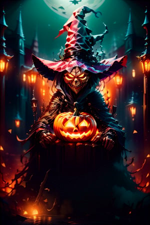 horror,Illustration Beautiful witch,  riding broom,  emphasize her beauty,  seductive stare,  flying over London,  in a illuminated full moon,Jack o 'Lantern