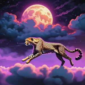 Fast motion,  velocity,  cheetah running through the clouds at night, lofi, blacklight, 