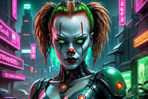 Cyberpunk artwork inspired by Pennywise from the movie IT, set in a futuristic fashion cyberpunk universe. Sexy, Emphasize her seductive allure, beautiful face, perfect eyes, perfect nose shape, perfect lips, perfect hands, vibrant green foliage, neon-lit cityscape, and intricate cybernetic enhancements. Capture the essence of danger and allure in this cyberpunk masterpiece., cyberpunk style