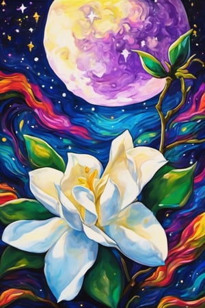 (A masterpiece), A beautiful Gardenia flower, vivid color, under a stary night sky, a vivid full moon, psychedelic style,dripping paint