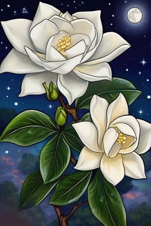 (A masterpiece), A beautiful Gardenia flower, vivid color, under a stary night sky, a vivid moon light