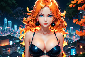 Create a mesmerizing artwork inspired by Nami from One Piece,  set in a aesthetic universe,  Emphasize her seductive allure, big boobs, beautiful face, perfect eyes, perfect nose shape, perfect lips, perfect hands ,vibrant Orange foliage, neon-lit cityscape, and intricate retro enhancements. Capture the essence of danger and allure in this aesthetic masterpiece., retro aesthetic style,detailmaster2,p3rfect boobs