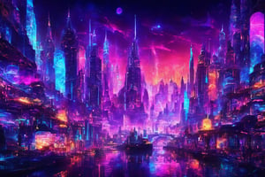 Create a mesmerizing scene of a dream wrapped in an amazing lit place, with a black-light style. Emphasize vibrant colors, glowing elements, intricate details, and a surreal atmosphere.,night city,background