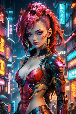 Cyberpunk artwork inspired by NAMI from ONE PIECE,  set in a sexy futuristic fashion cyberpunk universe. Emphasize her seductive allure,  beautiful face,  perfect eyes,  perfect nose shape,  perfect lips,  perfect hands , vibrant RED foliage,  neon-lit cityscape,  and intricate cybernetic enhancements. Capture the essence of danger and allure in this cyberpunk masterpiece.,cyberpunk style,cyberpunk