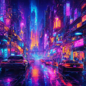 Create a mesmerizing scene of a dream wrapped in an amazing lit place, with a black-light style. Emphasize vibrant colors, glowing elements, intricate details, and a surreal atmosphere.,night city