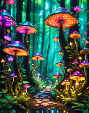 "A vibrant,  neon-lit forest with towering trees,  (glowing mushrooms:1.2) casting an otherworldly glow. Playful (elves:1.3) dart through the underbrush,  leaving trails of (sparkling dust:1.1) in their wake, in a black-light style.