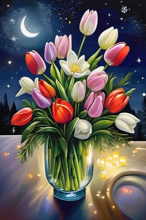 (A masterpiece),  A beautiful Gardenias flower,  tulips flower, dill pickles pickle bouquet, vivid color,  under a stary night sky,  a vivid moon light