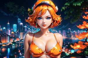 Create a mesmerizing artwork inspired by Nami from One Piece,  set in a aesthetic universe,  Emphasize her seductive allure, big boobs, beautiful face, perfect eyes, perfect nose shape, perfect lips, perfect hands ,vibrant Orange foliage, neon-lit cityscape, and intricate retro enhancements. Capture the essence of danger and allure in this aesthetic masterpiece., retro aesthetic style,detailmaster2,p3rfect boobs