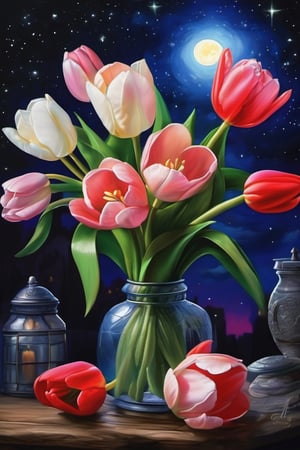 (A masterpiece),  A beautiful Gardenias flower,  tulips flower, pickle jar bouquet, vivid color,  under a stary night sky,  a vivid moon light