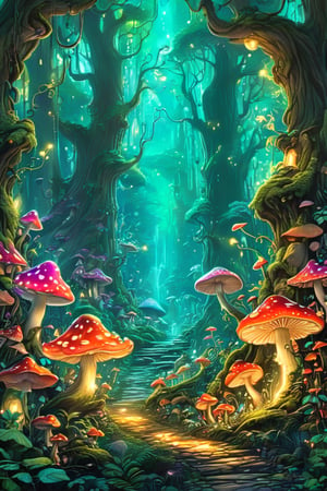 "A vibrant, neon-lit forest with towering trees, (glowing mushrooms:1.2) casting an otherworldly glow. Playful (elves:1.3) dart through the underbrush, leaving trails of (sparkling dust:1.1) in their wake."