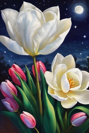 (A masterpiece),  A beautiful Gardenias flower,  tulips flower, vivid color,  under a stary night sky,  a vivid moon light