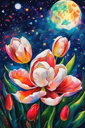 (A masterpiece), A beautiful Gardenia flower, tulips flower, vivid color, under a stary night sky, a vivid full moon, psychedelic style,dripping paint