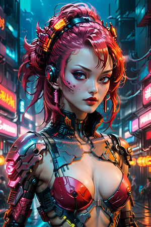 Cyberpunk artwork inspired by NAMI from ONE PIECE,  set in a sexy futuristic fashion cyberpunk universe. Emphasize her seductive allure,  beautiful face,  perfect eyes,  perfect nose shape,  perfect lips,  perfect hands , vibrant RED foliage,  neon-lit cityscape,  and intricate cybernetic enhancements. Capture the essence of danger and allure in this cyberpunk masterpiece.,cyberpunk style,cyberpunk