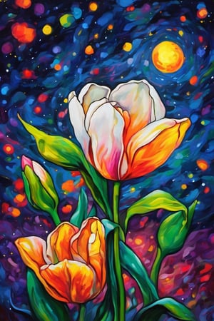 (A masterpiece), A beautiful Gardenia flower, tulips flower, vivid color, under a stary night sky, a vivid full moon, psychedelic style,dripping paint