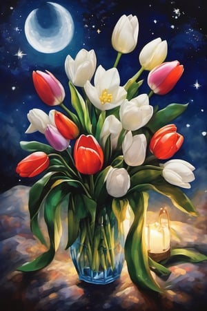 (A masterpiece),  A beautiful Gardenias flower,  tulips flower, pickle bouquet, vivid color,  under a stary night sky,  a vivid moon light