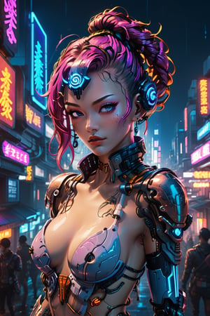 Cyberpunk artwork inspired by Nami from One Piece,  in a futuristic fashion cyberpunk universe. Sexy,  Emphasize her seductive allure,  beautiful face,  perfect eyes,  perfect nose shape,  perfect lips,  perfect hands,  vibrant reddish foliage,  neon-lit cityscape,  and intricate cybernetic enhancements. Capture the essence of danger and allure in this cyberpunk masterpiece.,  blacklight cyberpunk style