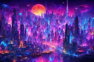 Create a mesmerizing scene of a dream wrapped in an amazing lit place, with a black-light style. Emphasize vibrant colors, glowing elements, intricate details, and a surreal atmosphere.,night city,background