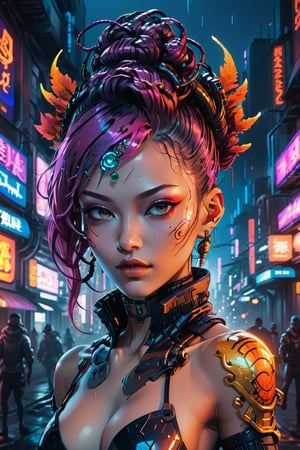 Cyberpunk artwork inspired by Nami from One Piece,  in a futuristic fashion cyberpunk universe. Sexy,  Emphasize her seductive allure,  beautiful face,  perfect eyes,  perfect nose shape,  perfect lips,  perfect hands,  vibrant reddish foliage,  neon-lit cityscape,  and intricate cybernetic enhancements. Capture the essence of danger and allure in this cyberpunk masterpiece.,  blacklight cyberpunk style