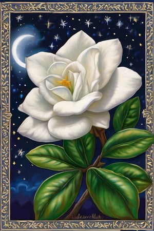 (A masterpiece), A beautiful Gardenia flower, vivid color, under a stary night sky, a vivid moon light, words on the borders saying "forgive me Katrina", 