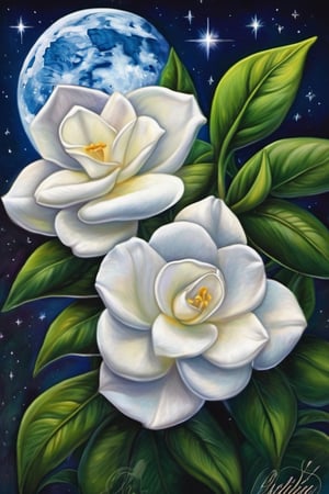 (A masterpiece), A beautiful Gardenia flower, vivid color, under a stary night sky, a vivid moon light, words on the borders saying "forgive me Katrina", 